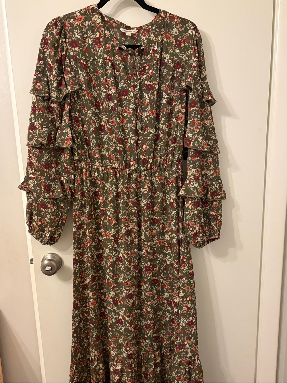 Frye & Co. Olive Floral Long Sleeve Ruffle Maxi Dress